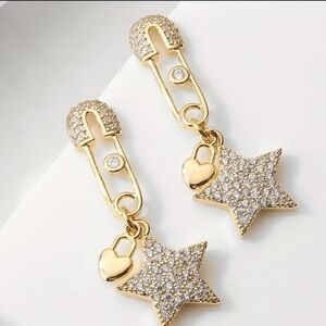 14kt GOLD PLATED Designer Inspired Earrings Star Safety Pin Heart Lock